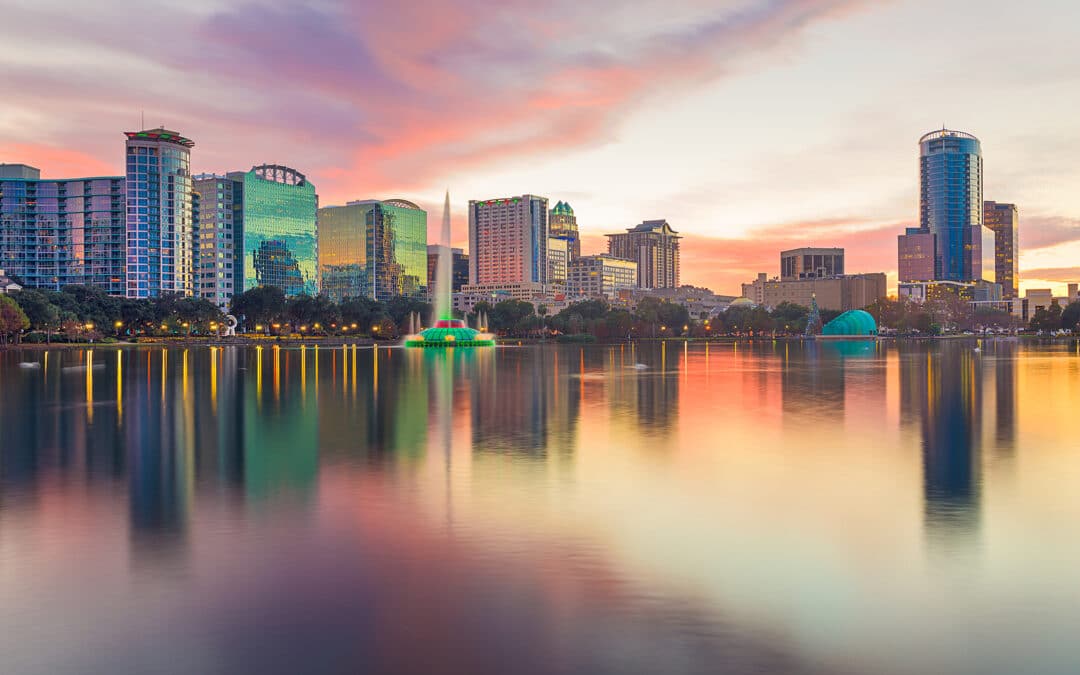 Orlando, Florida, USA downtown city skyline from Eola Park at du